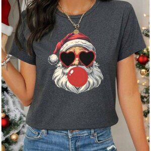 Women’s Size Large Santa Graphic Tee Bubble Gum Christmas Short Sleeve T-Shirt